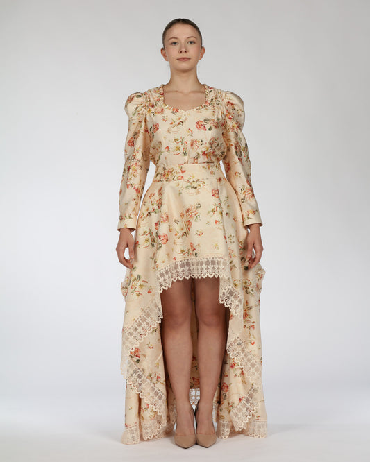 Floral High-Low Silk Dress – Lace Trim