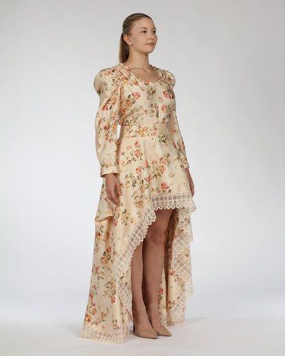 Floral High-Low Silk Dress – Lace Trim