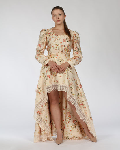 Floral High-Low Silk Dress – Lace Trim