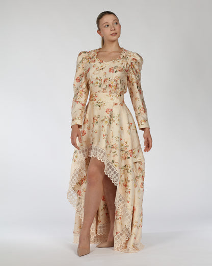 Floral High-Low Silk Dress – Lace Trim