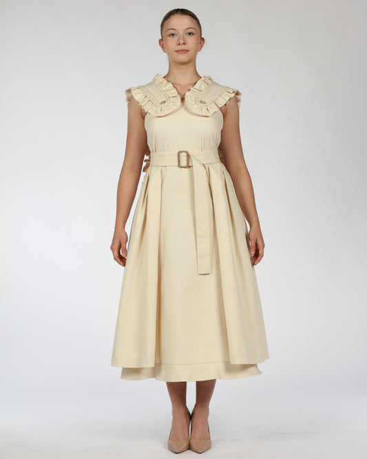 Ruffled Collar Cotton Midi Dress – Belted Design
