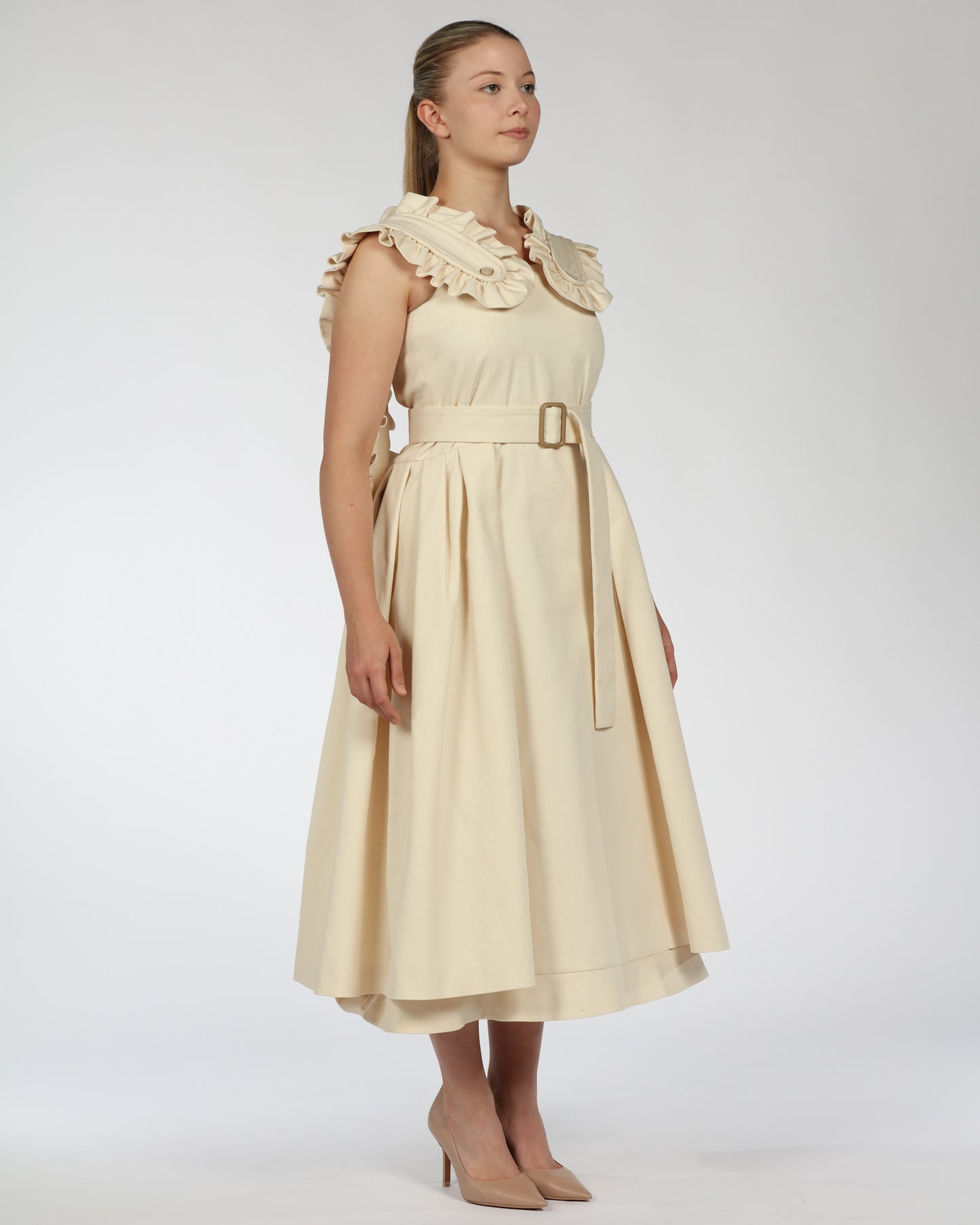 Ruffled Collar Cotton Midi Dress – Belted Design
