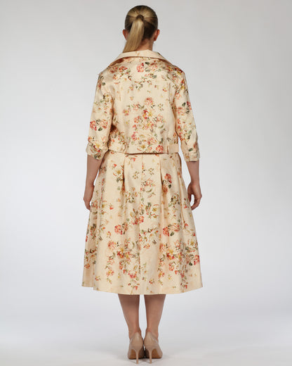 Silk-Linen Floral Midi Dress with Cropped Jacket – Wide Border Hem