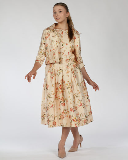 Silk-Linen Floral Midi Dress with Cropped Jacket – Wide Border Hem